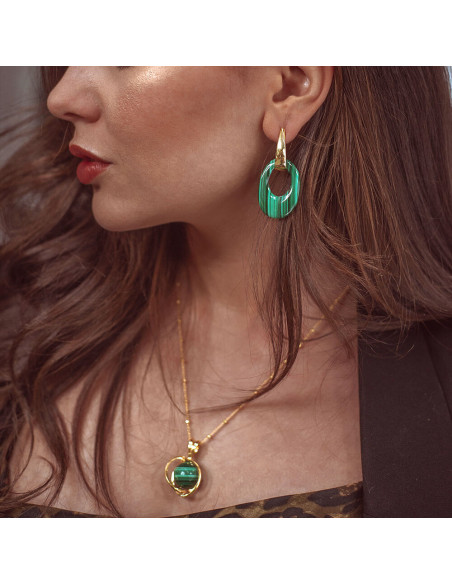 Pendientes malaquita plata recubierto oro 18kt K00541E