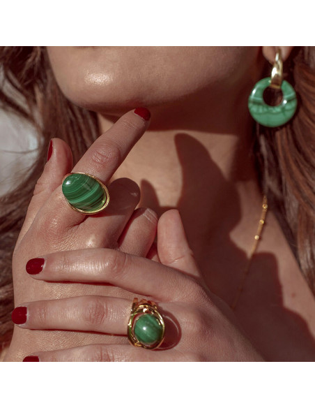 Anillo malaquita K00539R plata recubierto oro 18 kt